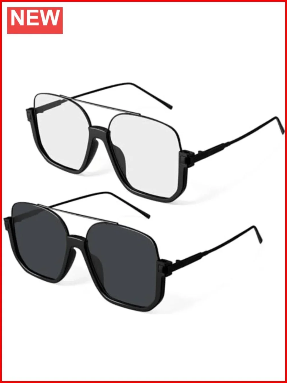 Oversized Aviator Sunglasses Double Bridge Square Retro UV Protection 2 Pack